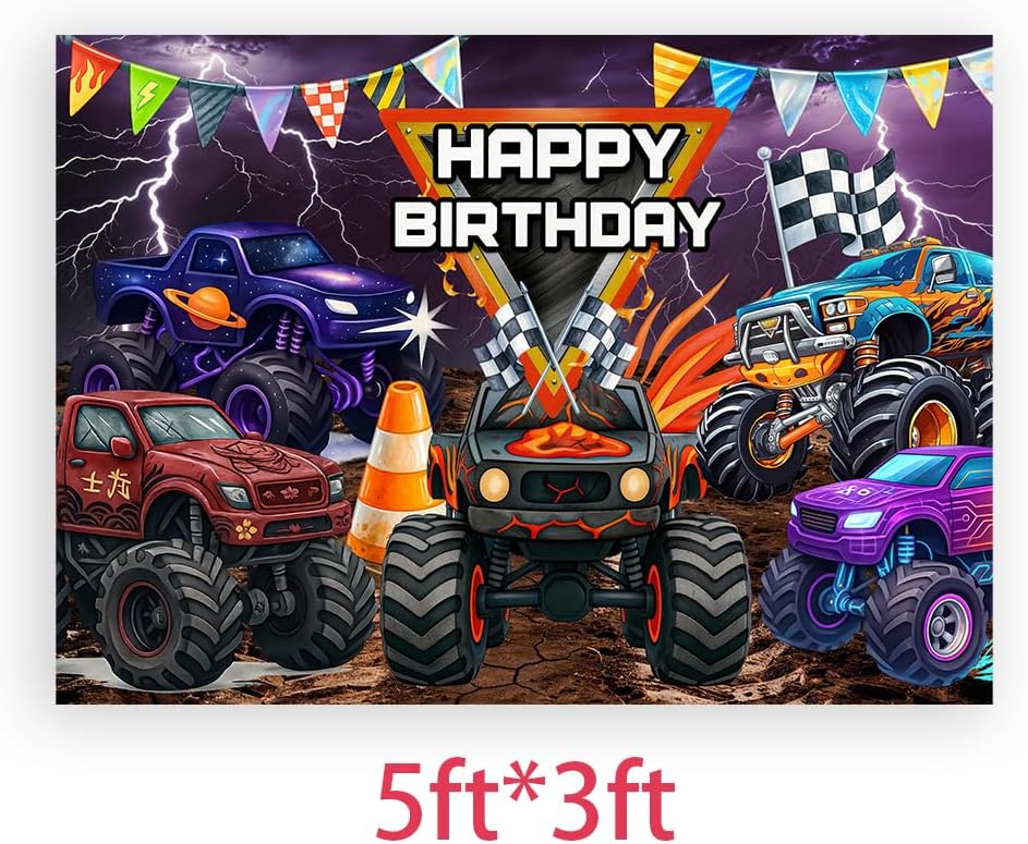 Monster Truck Birthday Decorations for Boys， Monster Truck Happy Birthday Backdrop Banner Kids Birthday Party Decorations Monster Car Birthday Banner for Boys Racing Car Themed Party Supplies